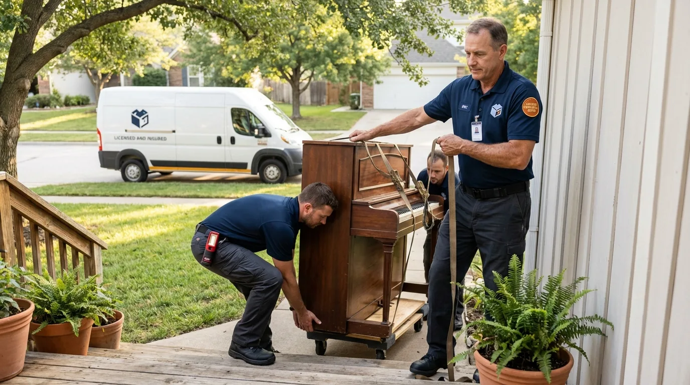 Licensed piano movers securing grand piano in Durant, IA
