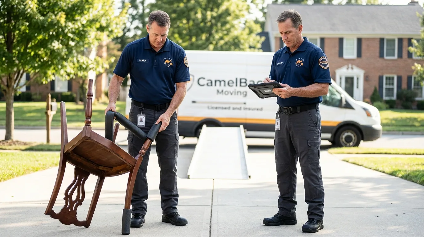 Movers inspecting furniture for damage prevention before loading in Durant, IA